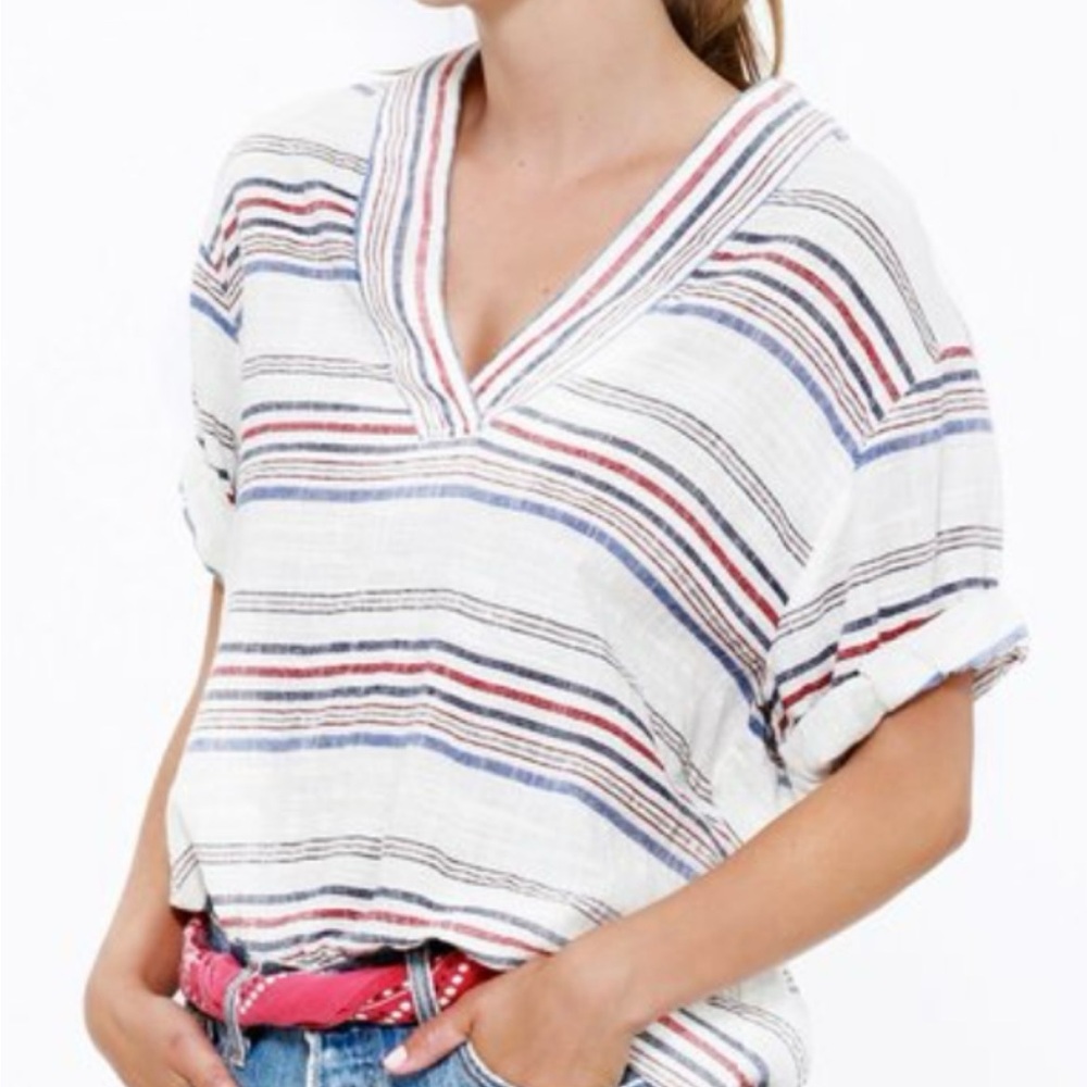 Xirena Avery Top cotton gauze 4th of July white w blue & red & silver accent S